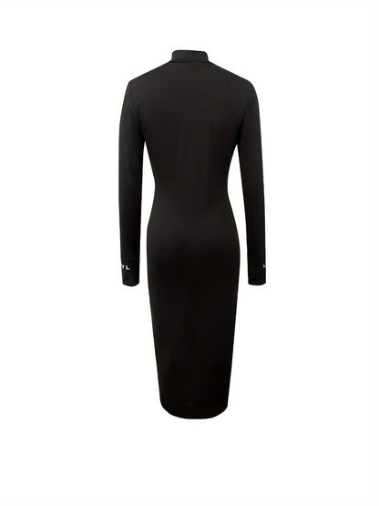 Antmvs Letter Pattern Bodycon Dress, Elegant Long Sleeve Midi Dress, Women's Clothing