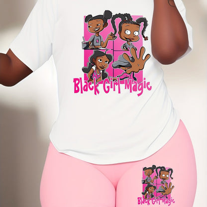 Plus Size Women's 2-Piece Set - Vibrant "Black Girl Magic" Graphic Tee and Matching Blue Shorts - Inspirational Casual Summer Outfit with Relaxed Fit, Breathable Fabric, and Stylish Design for Confident Women