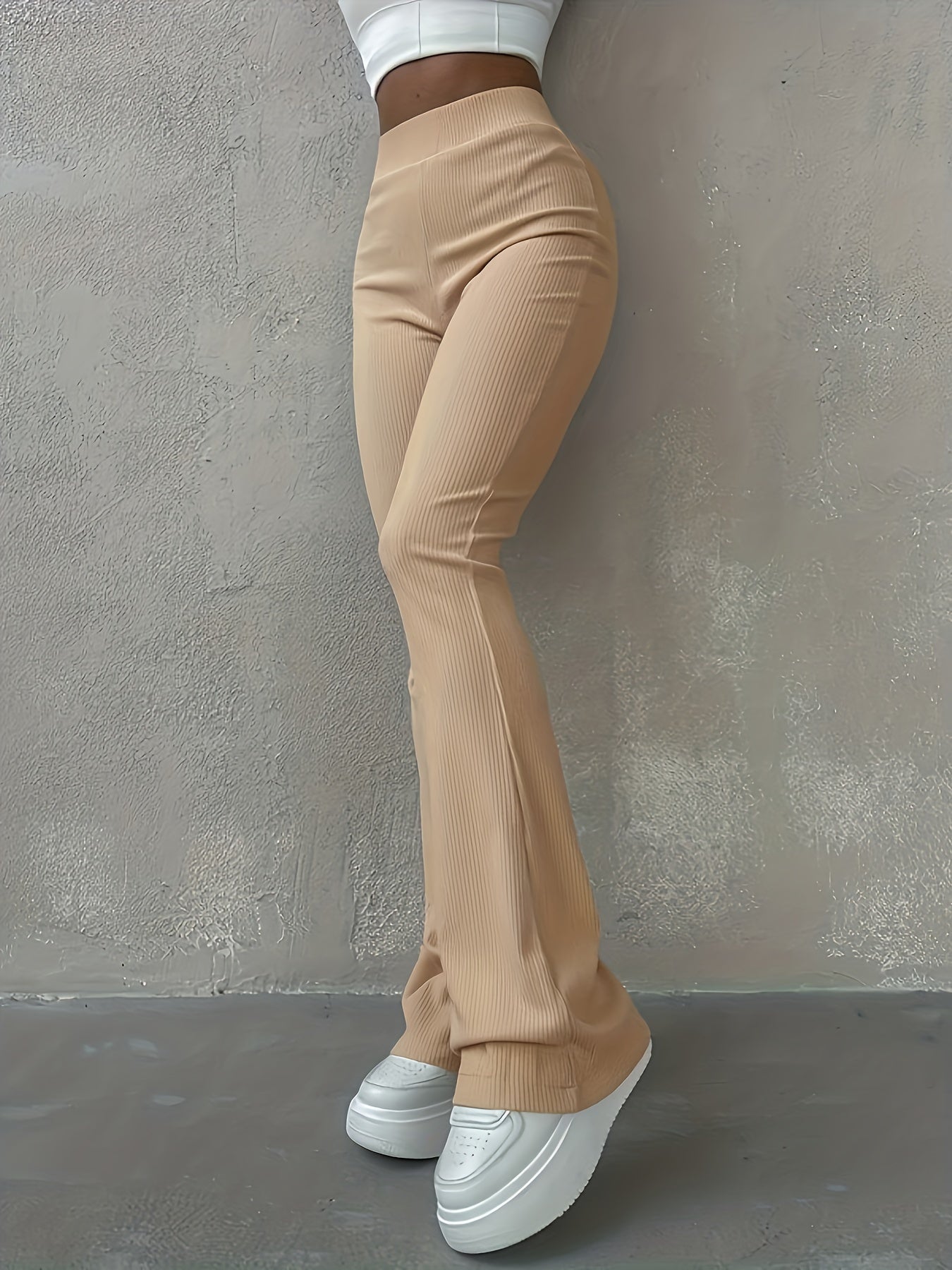 Antmvs Solid Ribbed Flare Leg Pants, High Waist Slim Elastic Pants, Women's Clothing