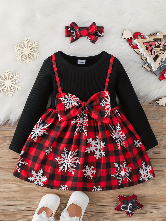 2pcs Toddler Girls' Rib Knit Christmas Dress Set: Patchwork Snowflake Printed Plaid + Headband