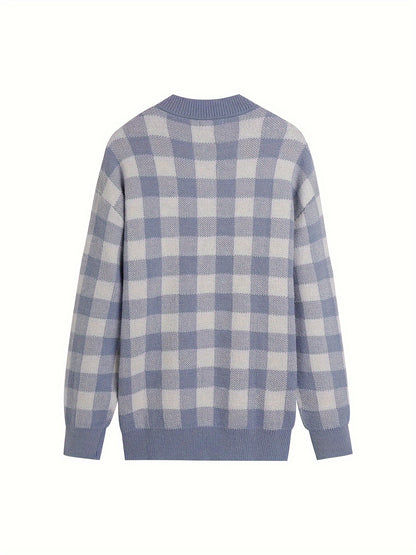 Antmvs Plaid Crew Neck Pullover Sweater, Casual Long Sleeve Sweater For Fall & Winter, Women's Clothing