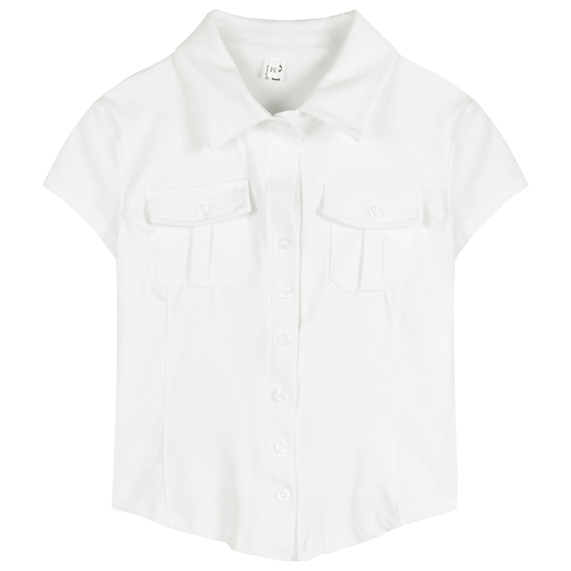 Antmvs Daniella Solid Color Pollo Collar Short Sleeve Button Up Slim Office Shirt Design Top