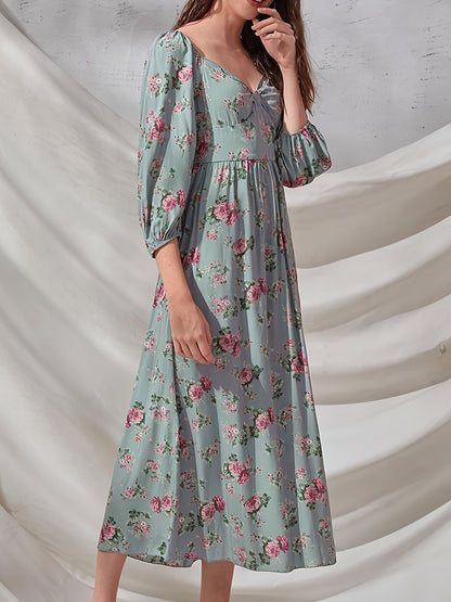 Antmvs Floral Print Squared Neck 3/4 Sleeve Dress, Elegant High Waist Ruffled Hem Maxi Dress, Women's Clothing