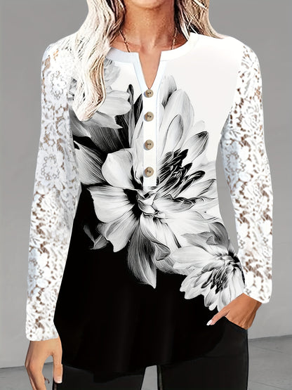 Plus Size Floral Delight Blouse - Lace Trimmed V Neck, Flowy Long Sleeves - Perfect Spring Fashion for Women