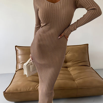 Antmvs Ribbed Solid Bodycon Dress, Elegant V Neck Long Sleeve Dress, Women's Clothing