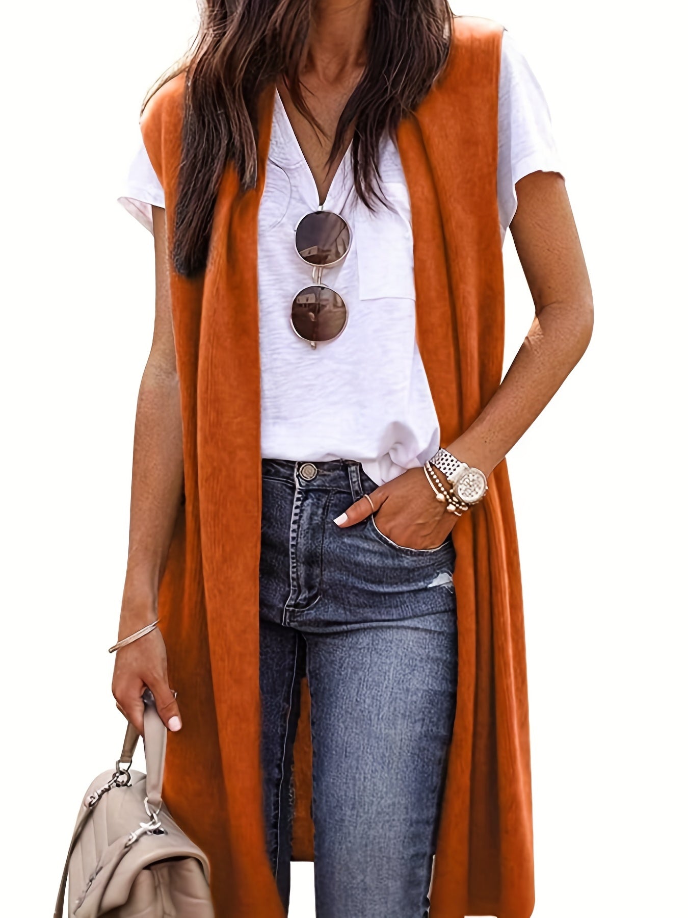 Antmvs Solid Sleeveless Knit Cardigan, Casual Simple Long Length Vest Sweater, Women's Clothing