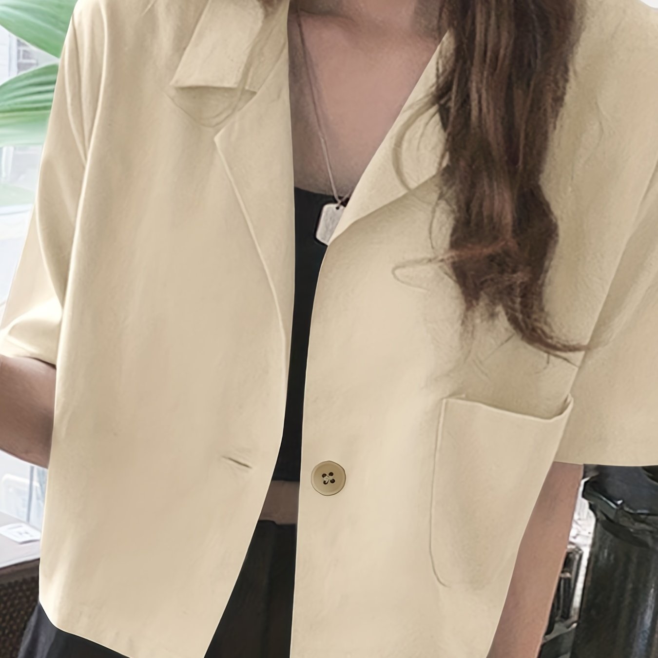 Antmvs Short Sleeve Lapel Collar Blazer, Casual Solid Blazer With Pocket For Spring & Summer, Women's Clothing