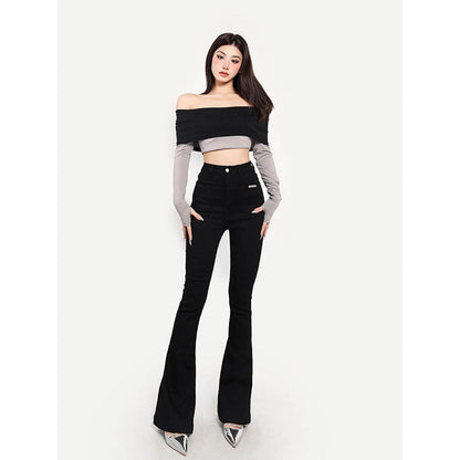 Antmvs Giana Contrast Color Off the Shoulder Long Sleeve Slim Cropped Top