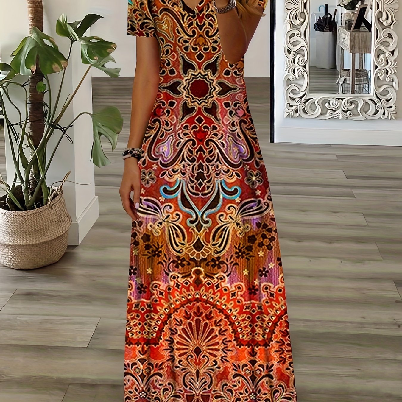 Antmvs Ethnic Floral Print Dress, Boho V Neck Short Sleeve Maxi Dress, Women's Clothing