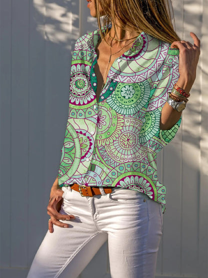 Antmvs  Mandala Floral Print Shirt, Boho Button Front Shirt With A Collar, Women's Clothing