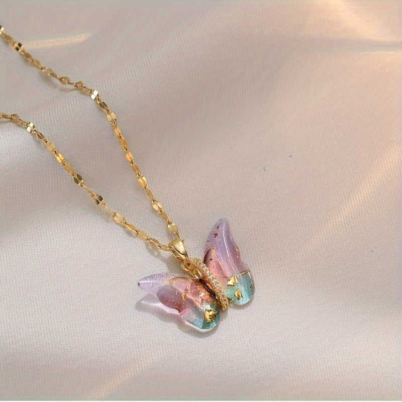 Spring and Summer New Fashion Dopamine Style Sweet Light Luxury Style Shining Symphony Pink Butterfly Pendant Necklace A Perfect Gift for Girls and Women