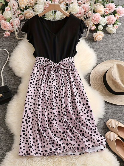 Antmvs Plus Size Casual Dress, Women's Plus Colorblock Leopard Print Ruffle Sleeve V Neck Medium Stretch Belted Dress