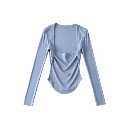 Antmvs Angela Solid Color Square Neck Long Sleeve Slim Top