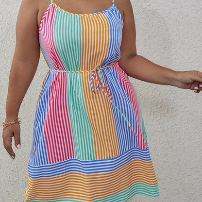 Antmvs Plus Size Casual Summer Dress, Women's Plus Colorblock Stripe Print Round Neck Cami Dress With Belt