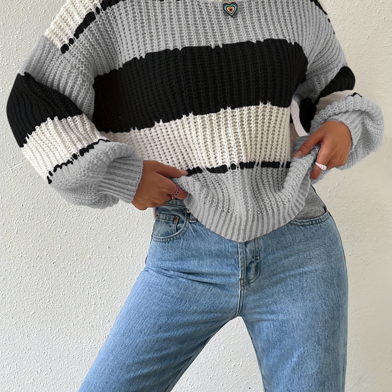 Antmvs Striped Crew Neck Pullover Sweater, Casual Long Sleeve Drop Shoulder Sweater, Women's Clothing