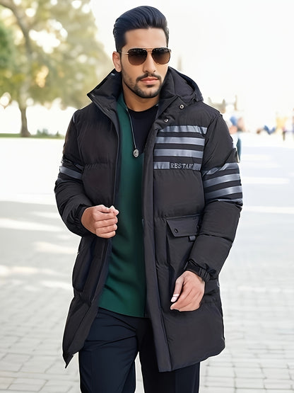 Plus Size Men's Stripes Print Puffer Jacket With Hood Thick Warm Midi Jacket Windbreaker For Fall Winter, Men's Clothing