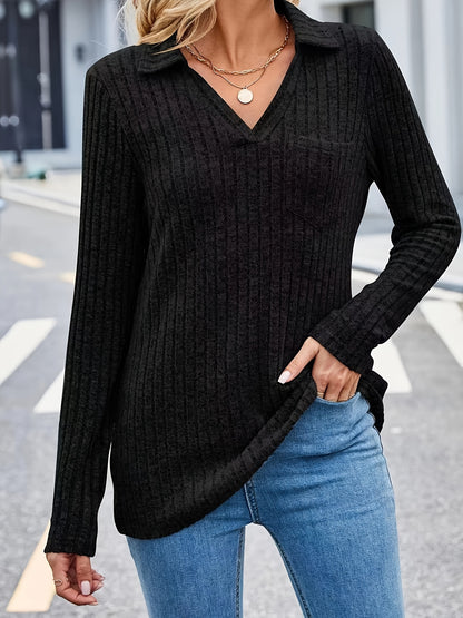 Antmvs Ribbed Pocket V Neck T-Shirt, Casual Long Sleeve Top For Spring & Fall, Women's Clothing