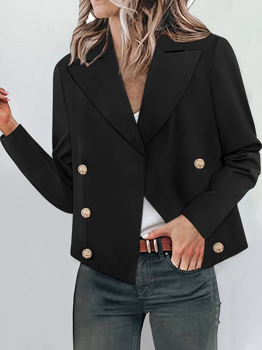 Antmvs Plus Size Elegant Coat, Women's Plus Solid Long Sleeve Double Breast Button Lapel Collar Crop Blazer