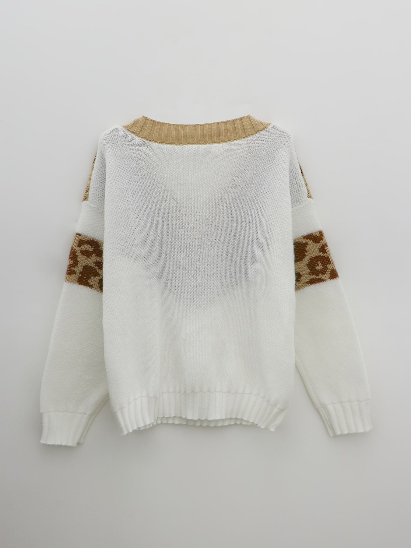 Antmvs Plus Size Casual Sweater, Women's Plus Leopard Print Long Sleeve V Neck Medium Stretch Pullover Jumper