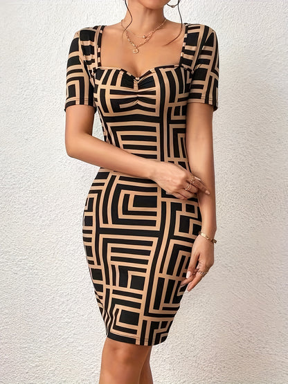 Antmvs Graphic Print Square Neck Bodycon Dress, Vintage Short Sleeve Ruched Dress For Spring & Summer, Women's Clothing