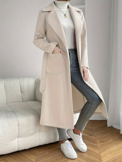 Antmvs Solid Lapel Mid Length Overcoat, Casual Open Front Long Sleeve Outerwear With Pockets, Women's Clothing