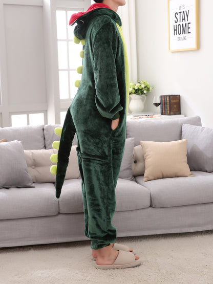 Antmvs one piece Men's Thick Fleece Dinosaur Hooded Pajamas with Pockets - Cozy Loungewear for Winter Nights