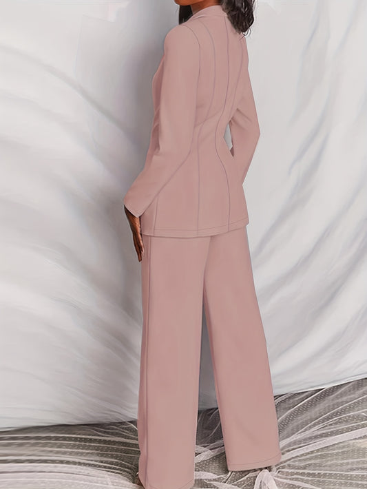 Antmvs Plus Size Casual Suit Set, Women's Plus Solid Long Sleeve Single Breast Button Lapel Collar Suit Coat & Wide Leg Pants Suit Two Piece Set