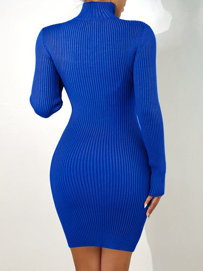 Antmvs Solid Rib Knit Sweater Dress, Sexy High Neck Zipper Cut Out Slim Dress, Women's Clothing