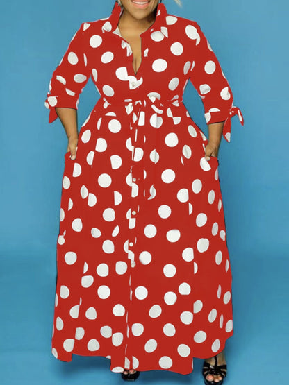 Antmvs Plus Size Elegant Dress, Women's Plus Polka Dots Print Button Up Collared Belted Maxi Dress