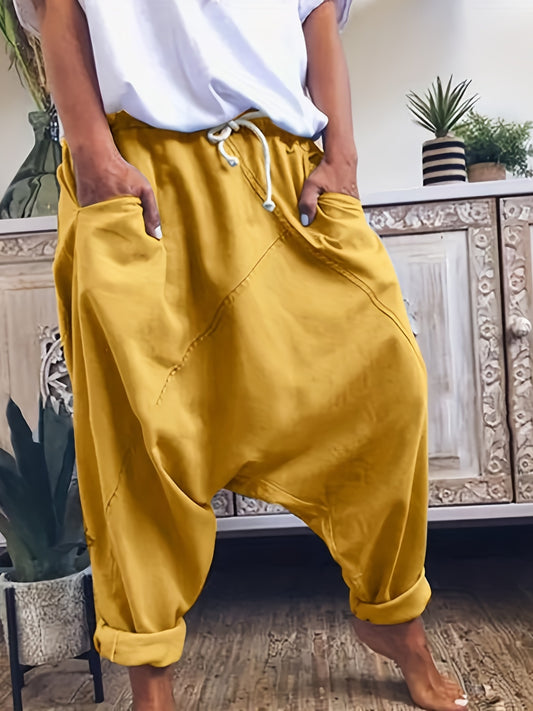 Antmvs Drawstring Solid Harem Pants, Casual Elastic Waist Long Length Pants, Women's Clothing