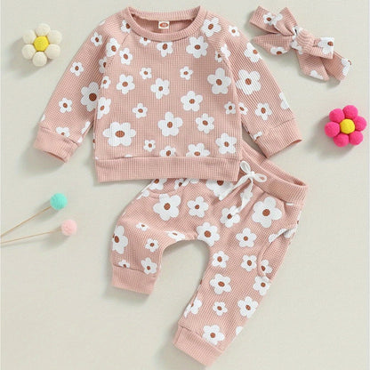 2-Piece Fall Outfit for Baby Girls - Soft Flower Print Long Sleeve Crew Neck Sweatshirt, Casual Pants, and Adorable Bow Headband - Cozy, Comfortable, and Stylish Clothing Set