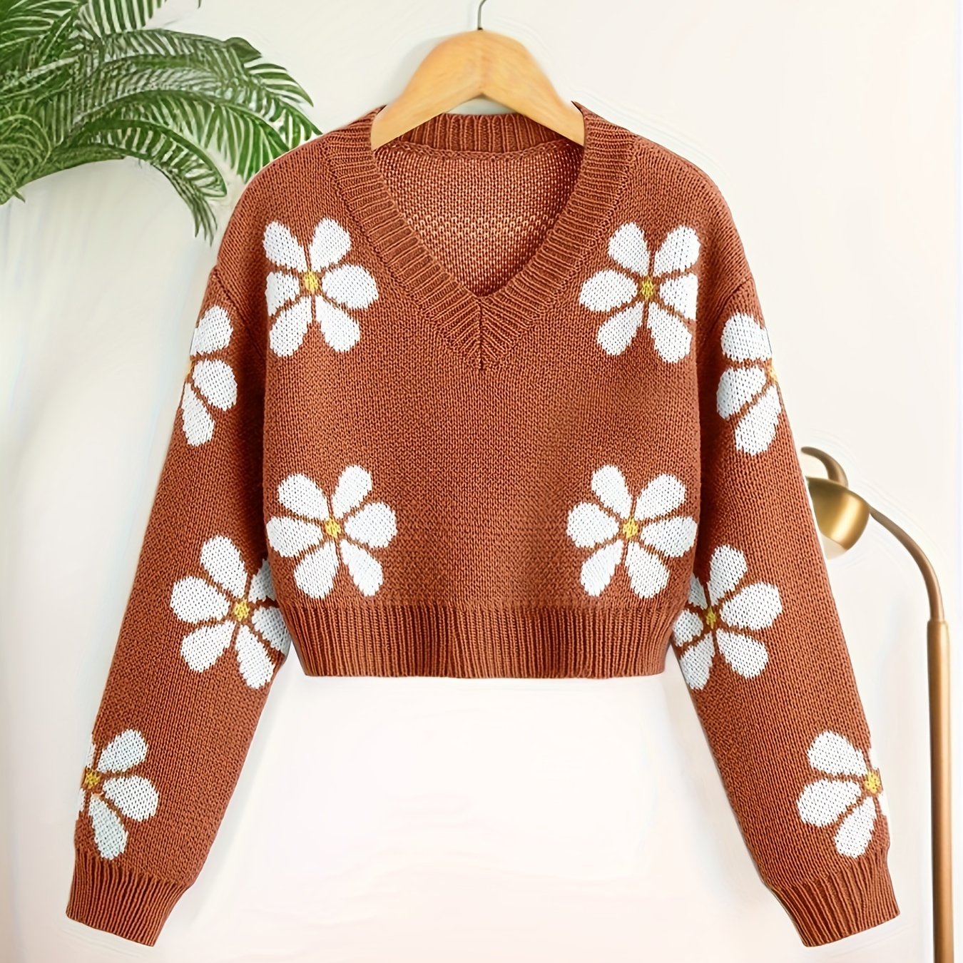 Antmvs Floral Jacquard Girls Drop Shoulder V-neck Knitted Sweater For Fall Winter