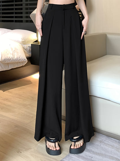 Antmvs Solid Button Front Wide Leg Pants, Versatile High Waist Pants For Spring & Fall, Women's Clothing