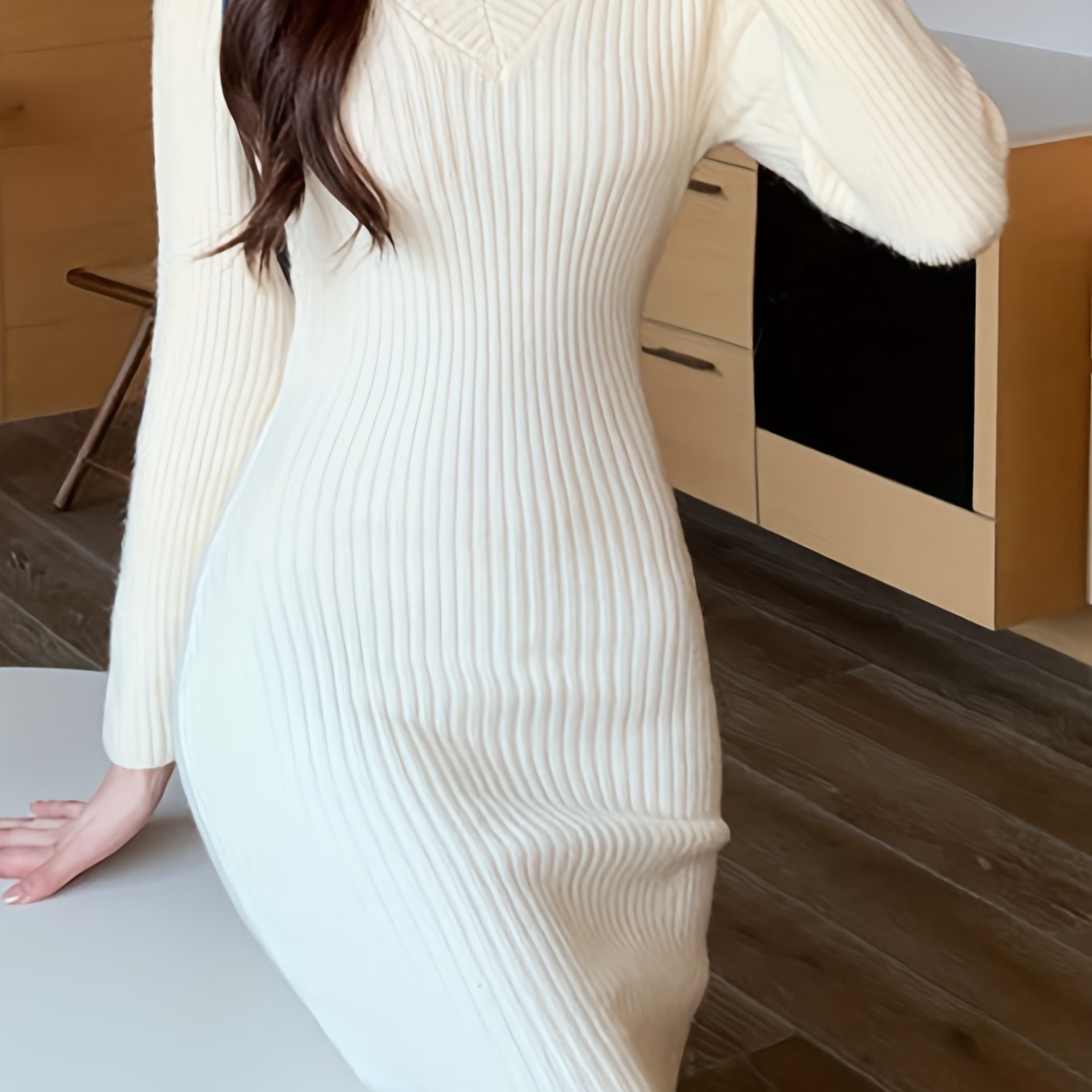 Antmvs Solid Knit Sweater Dress, Elegant V Neck Long Sleeve Bodycon Dress For Fall & Winter, Women's Clothing