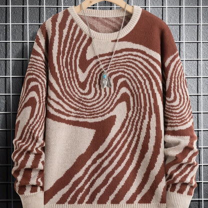 Antmvs Men's Fashion Abstract Graphic Knitted Sweater, Casual Slightly Stretch Breathable Long Sleeve Top For Outdoor Fall Winter