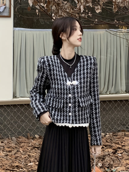 Antmvs Plaid Pattern V Neck Jacket, Casual Button Front Long Sleeve Outerwear, Women's Clothing