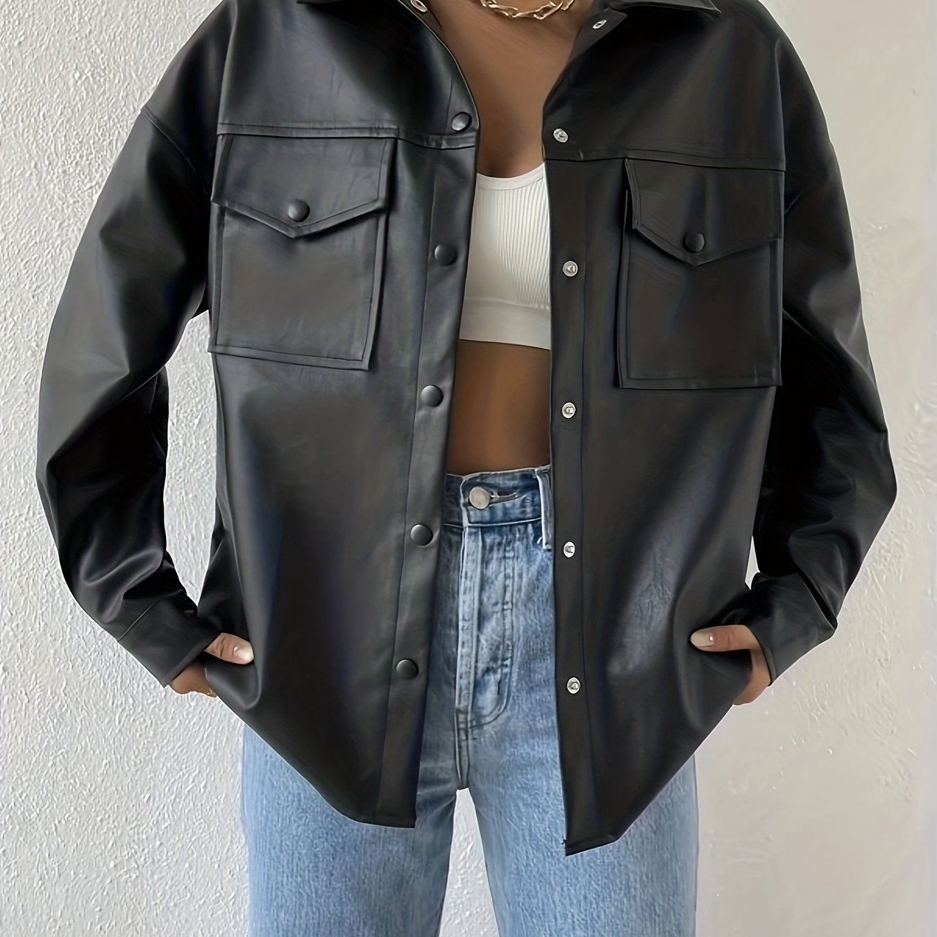 Antmvs Faux Leather Flap Pockets Jacket, Vintage Long Sleeve Drop Shoulder Solid Outwear , Women's Clothing