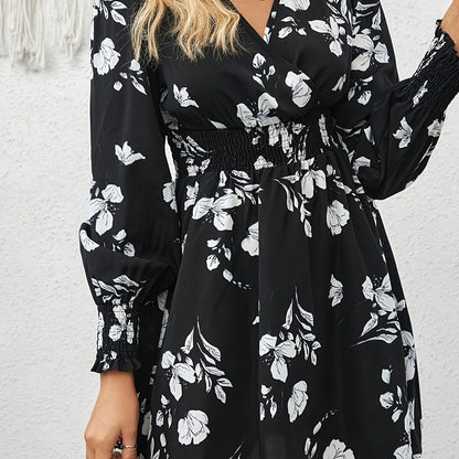 Antmvs Floral Print Surplice Neck Slim Dress, Elegant Long Sleeve Shirred High Waist Dress For Spring & Fall, Women's Clothing