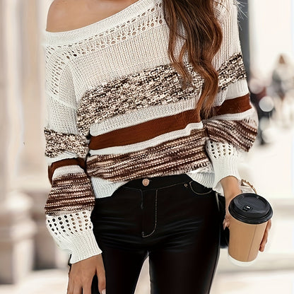 Antmvs Color Block One Shoulder Cut Out Pullover Sweater,  Long Sleeve Casual Sweater For Spring & Fall, Women's Clothing