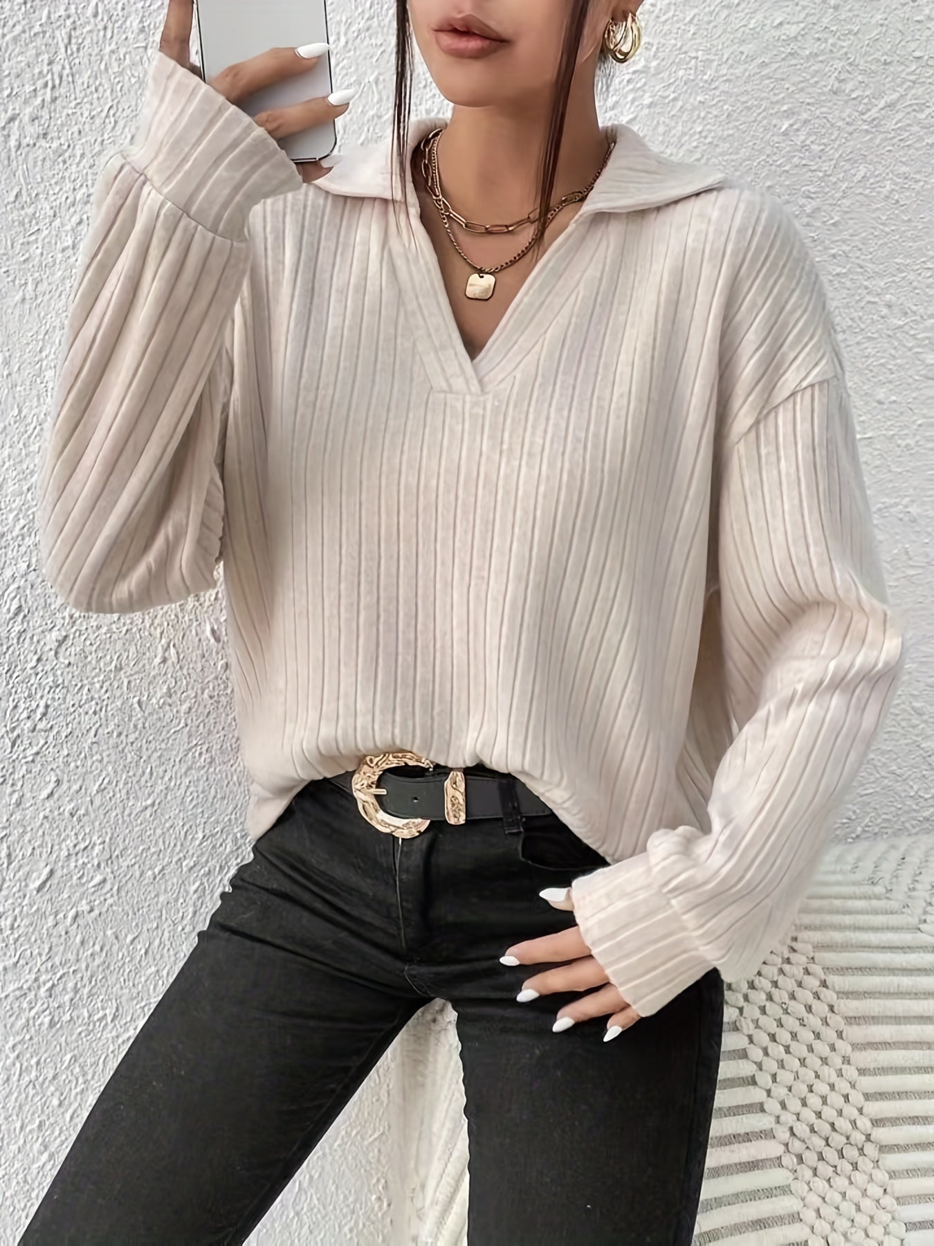 Antmvs Solid Polo Neck Loose T-shirt, Casual Drop Shoulder Simple Long Sleeve T-shirt, Women's Clothing