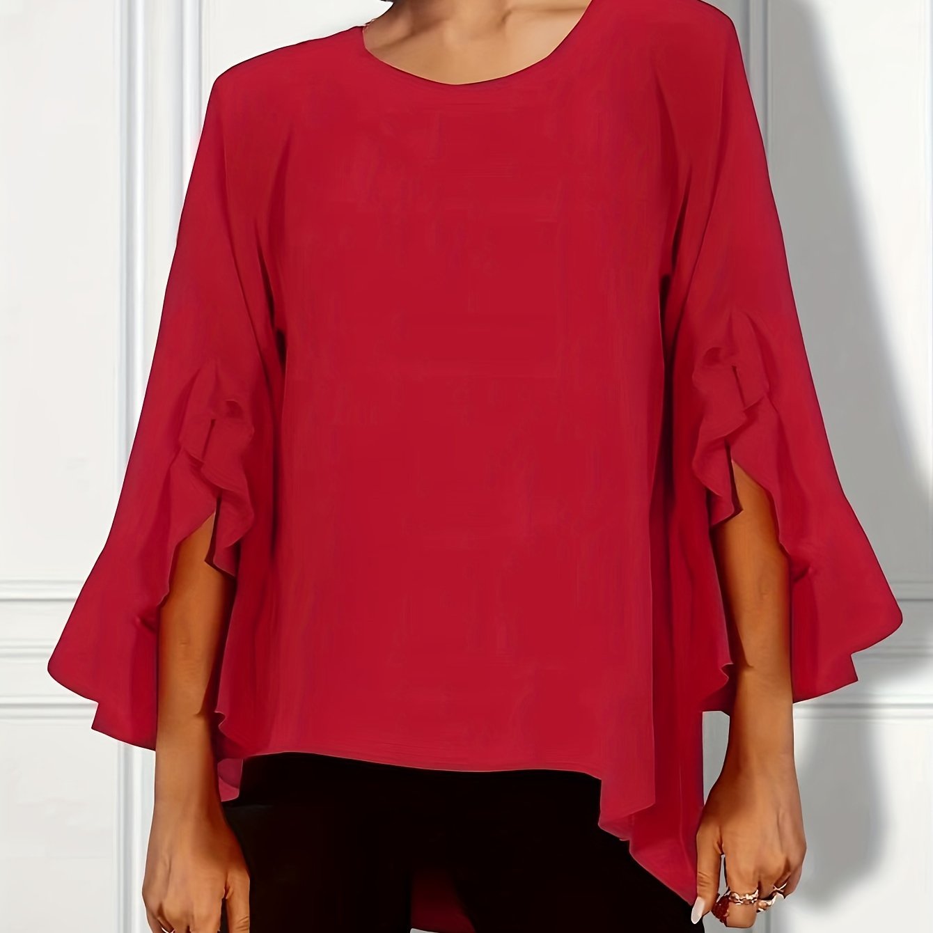 Plus Size Elegant Crew Neck Blouse - 3/4 Sleeve, Ruffle Trim, Slight Stretch, Solid Color, Woven Fabric - Perfect for Spring, Summer, and Fall Seasons