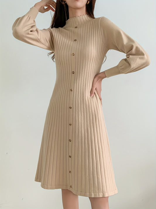 Antmvs Solid Ribbed Dress, Elegant Button Front Long Sleeve Dress, Women's Clothing