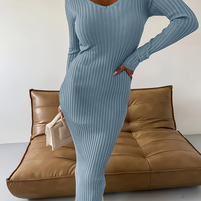 Antmvs Ribbed Solid Bodycon Dress, Elegant V Neck Long Sleeve Dress, Women's Clothing