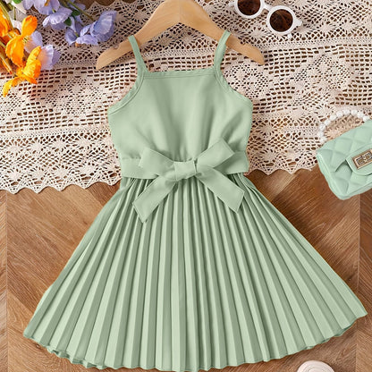 Girls' Elegant Smocked Dress - Charming Bow Belt Detail - Perfect for Summer Parties & Outdoor Events - Chic Sleeveless Cami Style