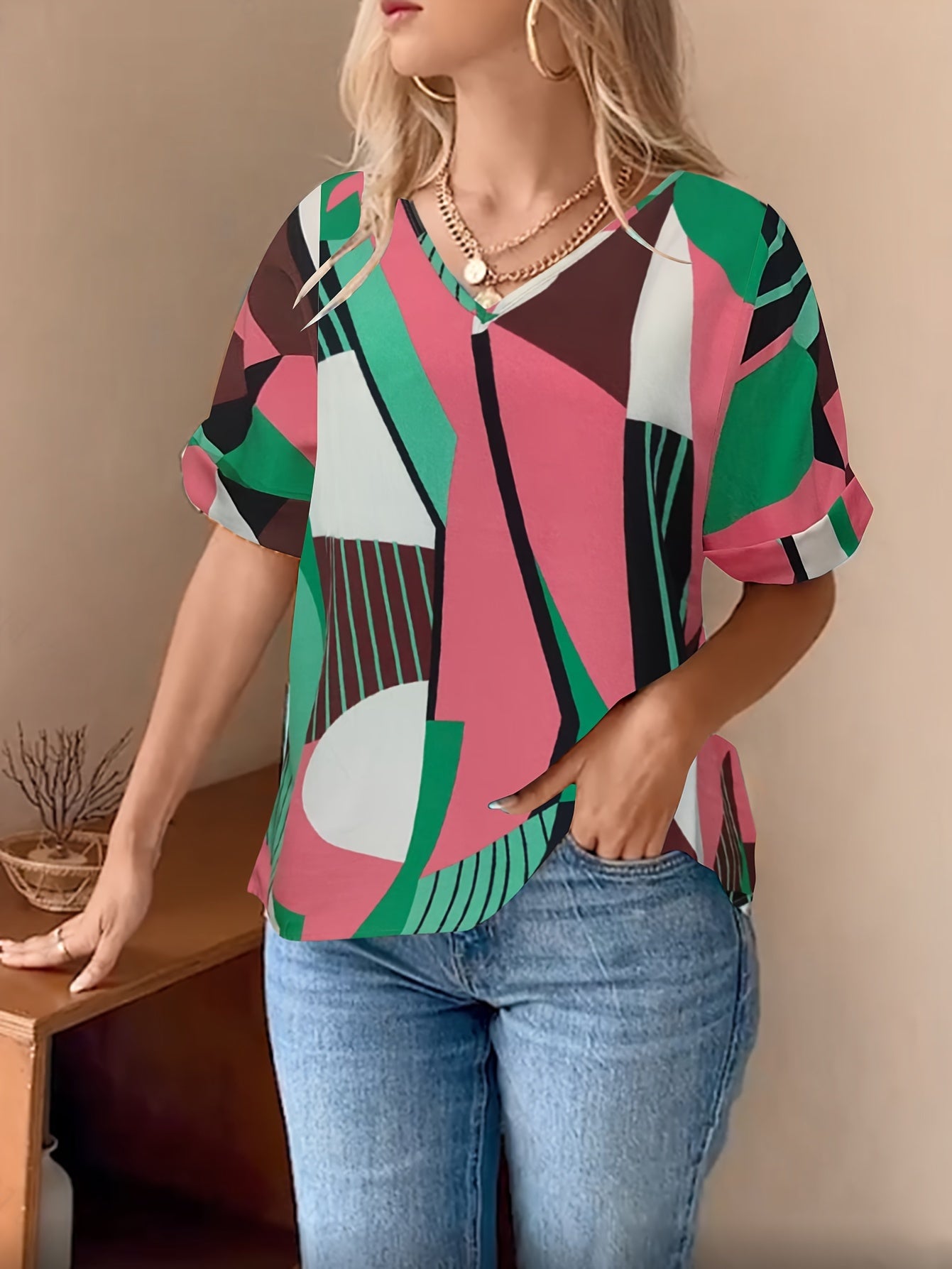 Antmvs  Abstract Print V Neck Blouse, Casual Short Sleeve Blouse For Spring & Summer, Women's Clothing