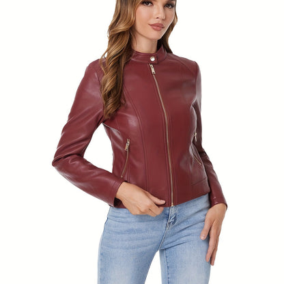 Antmvs Solid Faux Leather Zipper Jackets, Casual Long Sleeve Slant Pockets Moto Jacket For Fall & Winter, Women's Clothing
