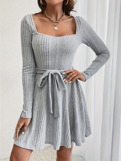 Antmvs Long Sleeve Ribbed Knit Dress, Casual Tie-waist Square Neck Dress For Spring & Fall, Women's Clothing