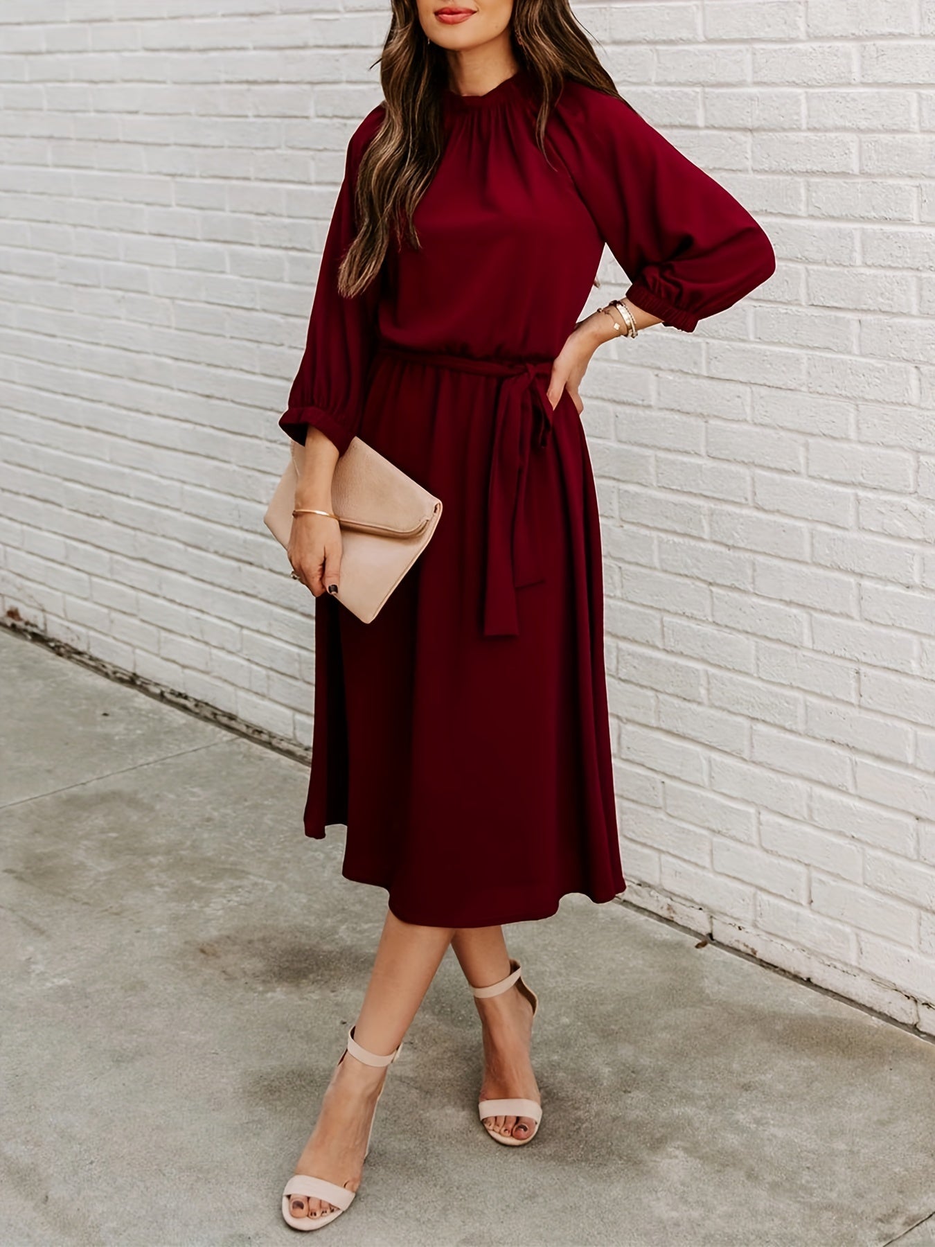 Antmvs Long Sleeve Tie Waist Midi Dress, Solid Casual Dress For Spring & Fall, Women's Clothing