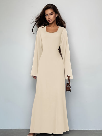 Antmvs Solid Tie Back U Neck Dress, Elegant Long Sleeve Maxi Dress, Women's Clothing