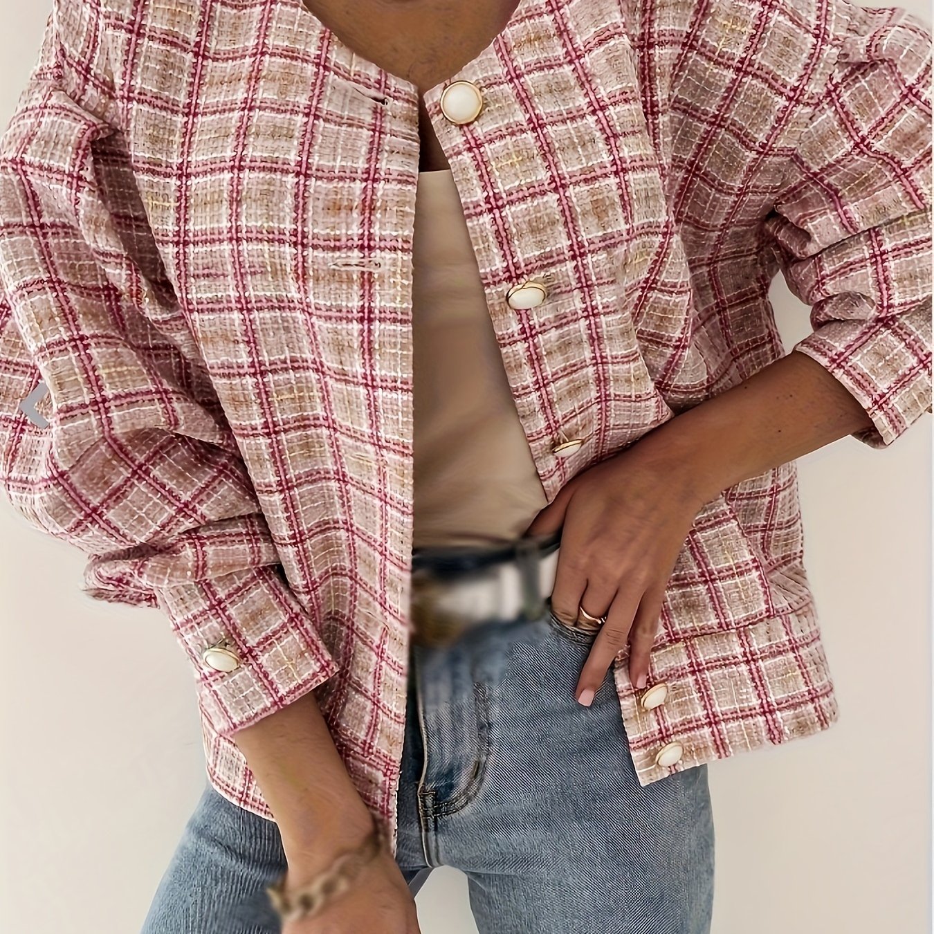 Antmvs Plaid Print Simple Jacket, Casual Button Front Long Sleeve Outerwear, Women's Clothing